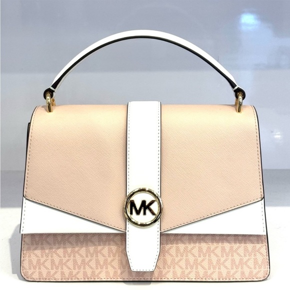 Michael Kors Greenwich Medium Signature Logo Satchel Bag Powder Blush Multi - Picture 2 of 7